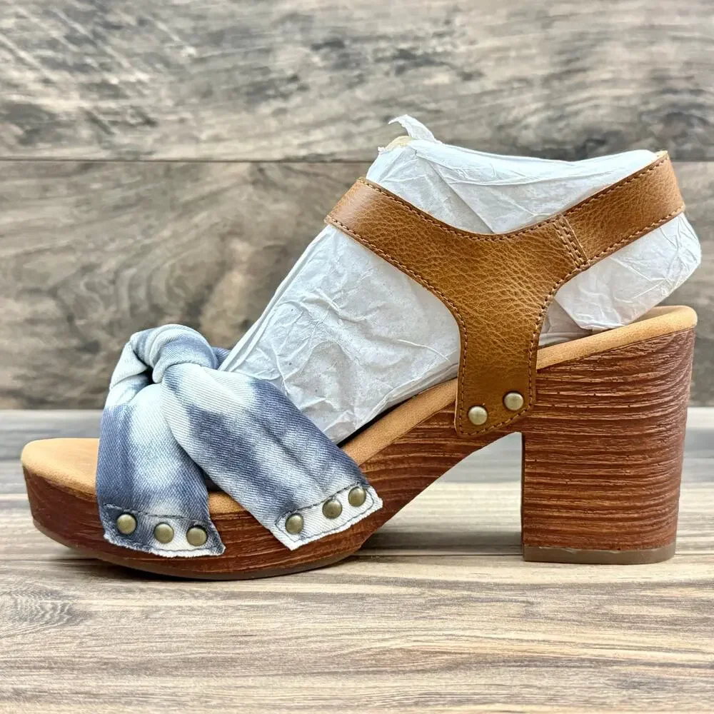 NIB Korks Kork Ease Natalia 7M Knot Clog Sandal Tan Blue Denim PU Tie Dye Combo - Picture 7 of 11